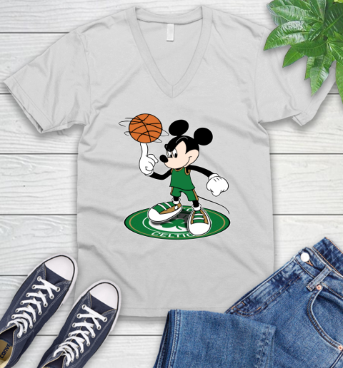 NBA Basketball Boston Celtics Cheerful Mickey Disney Shirt V-Neck T-Shirt - Image 3