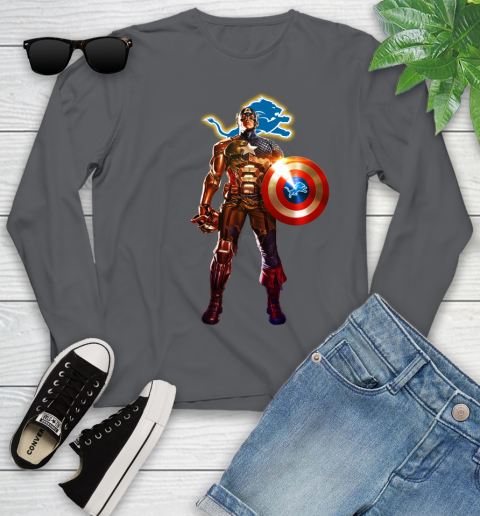 NFL Captain America Marvel Avengers Endgame Football Sports Detroit Lions Youth Long Sleeve 8