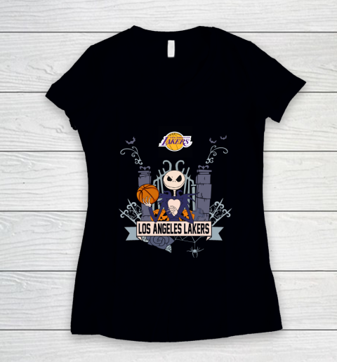 NBA Los Angeles Lakers Basketball Jack Skellington Halloween Women's V-Neck T-Shirt