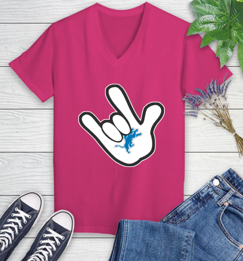Detroit Lions NFL Football Mickey Rock Hand Disney Women's V-Neck T-Shirt 9