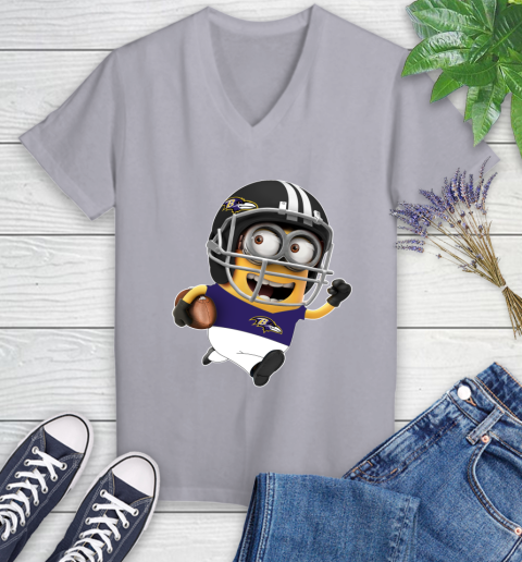 NFL Baltimore Ravens Minions Disney Football Sports Women's V-Neck T-Shirt 4