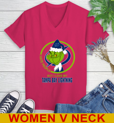 Tampa Bay Lightning NHL Christmas Grinch I Hate People But I Love My Favorite Hockey Team Women's V-Neck T-Shirt 10