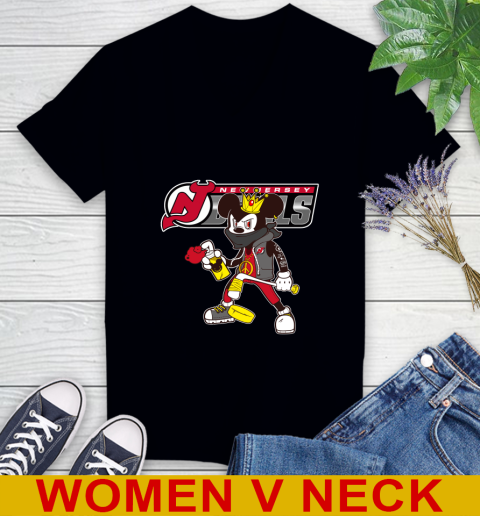 New Jersey Devils NHL Hockey Mickey Peace Sign Sports Women's V-Neck T-Shirt 2
