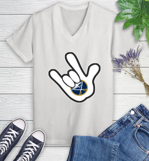 Buffalo Sabres NHL Hockey Mickey Rock Hand Disney Women's V-Neck T-Shirt