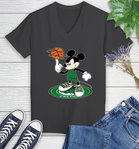 NBA Basketball Boston Celtics Cheerful Mickey Disney Shirt Women's V-Neck T-Shirt 7