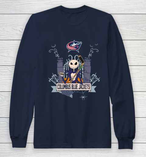 NHL Columbus Blue Jackets Hockey Jack Skellington Halloween Long Sleeve T-Shirt 2