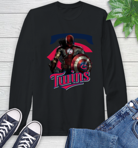 MLB Captain America Thor Spider Man Hawkeye Avengers Endgame Baseball Minnesota Twins Long Sleeve T-Shirt 2