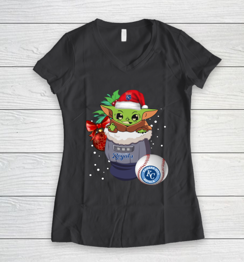 Kansas City Royals Christmas Baby Yoda Star Wars Funny Happy MLB Women's V-Neck T-Shirt 8
