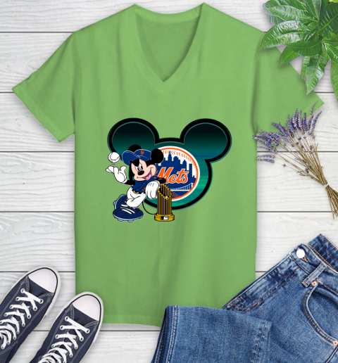 MLB New York Mets The Commissioner's Trophy Mickey Mouse Disney Women's V-Neck T-Shirt 11