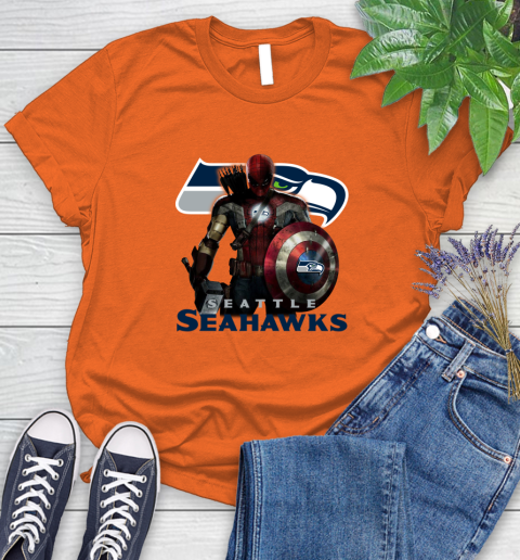 NFL Captain America Thor Spider Man Hawkeye Avengers Endgame Football Seattle Seahawks Women's T-Shirt 4