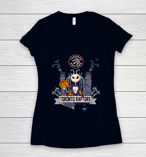 NBA Toronto Raptors Basketball Jack Skellington Halloween Women's V-Neck T-Shirt 2