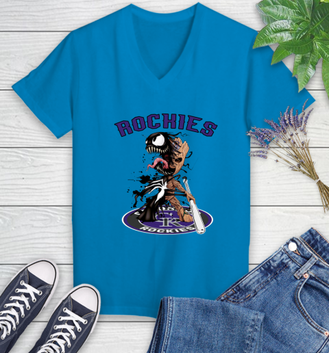 MLB Colorado Rockies Baseball Venom Groot Guardians Of The Galaxy Women's V-Neck T-Shirt 7