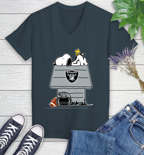 Oakland Raiders NFL Football Snoopy Woodstock The Peanuts Movie Women's V-Neck T-Shirt 8
