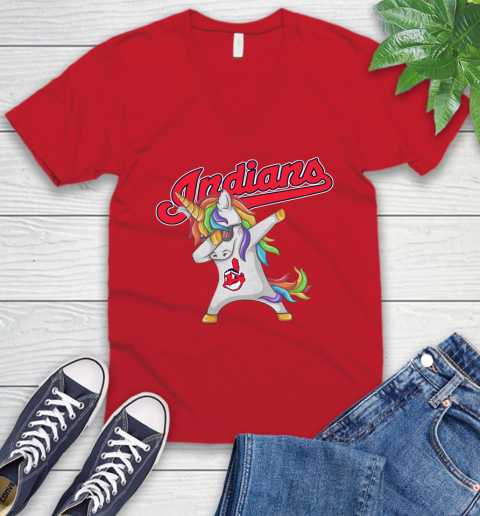 Cleveland Indians MLB Baseball Funny Unicorn Dabbing Sports V-Neck T-Shirt 7