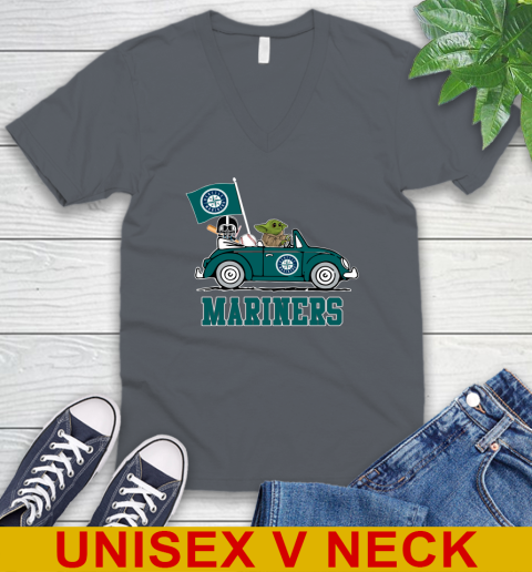 MLB Baseball Seattle Mariners Darth Vader Baby Yoda Driving Star Wars Shirt V-Neck T-Shirt 5