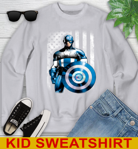 Philadelphia 76ers NBA Basketball Captain America Marvel Avengers American Flag Shirt Youth Sweatshirt 3
