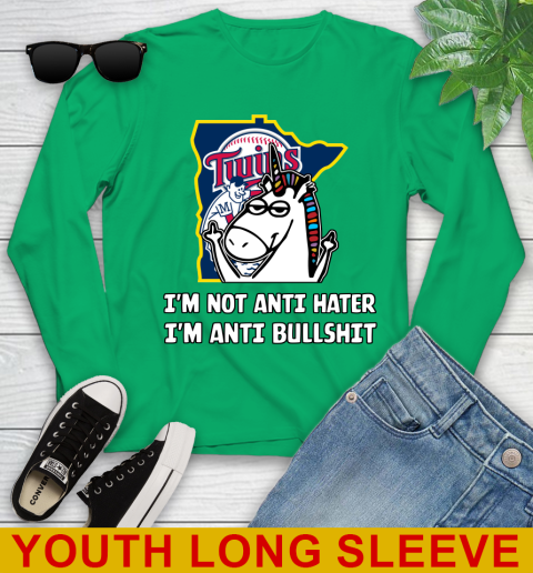 Minnesota Twins MLB Baseball Unicorn I'm Not Anti Hater I'm Anti Bullshit Youth Long Sleeve 7