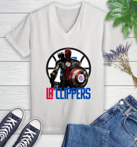 LA Clippers NBA Basketball Captain America Thor Spider Man Hawkeye Avengers Women's V-Neck T-Shirt