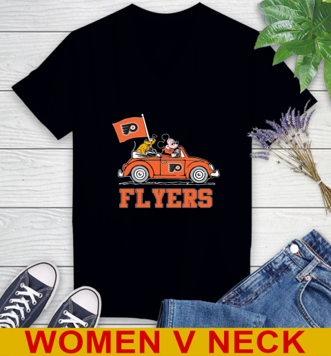 NHL Hockey Philadelphia Flyers Pluto Mickey Driving Disney Shirt Women's V-Neck T-Shirt 2