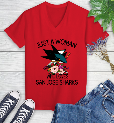 NHL Just A Woman Who Loves San Jose Sharks Hockey Sports Women's V-Neck T-Shirt 7