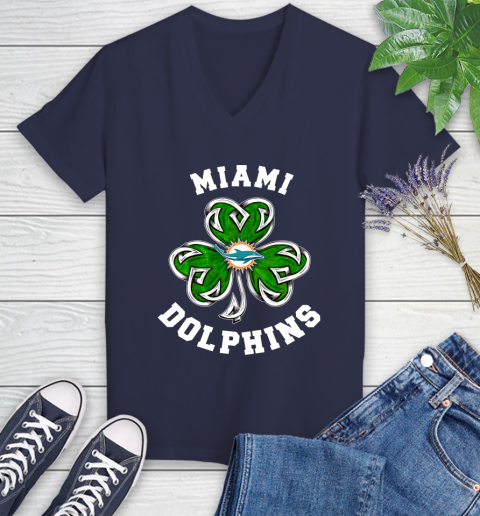 NFL Miami Dolphins Three Leaf Clover St Patrick's Day Football Sports Women's V-Neck T-Shirt 12