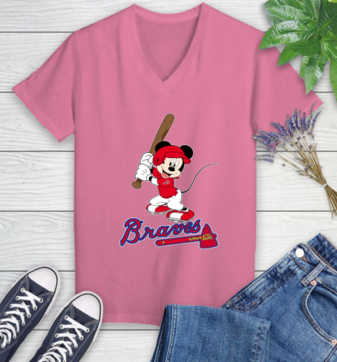 MLB Baseball Atlanta Braves Cheerful Mickey Mouse Shirt Women's V-Neck T-Shirt 12 MLB Baseball Atlanta Braves Cheerful Mickey Mouse Shirt Women's V-Neck T-Shirt - Image 12