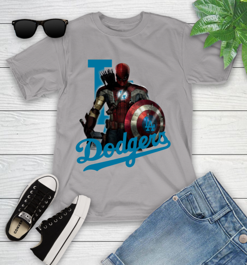 MLB Captain America Thor Spider Man Hawkeye Avengers Endgame Baseball Los Angeles Dodgers Youth T-Shirt 4