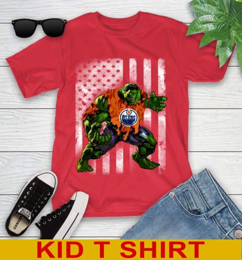 Edmonton Oilers Hulk Marvel Avengers NHL Hockey American Flag Youth T-Shirt 11