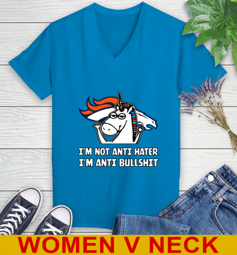 Denver Broncos NFL Football Unicorn I'm Not Anti Hater I'm Anti Bullshit Women's V-Neck T-Shirt 8
