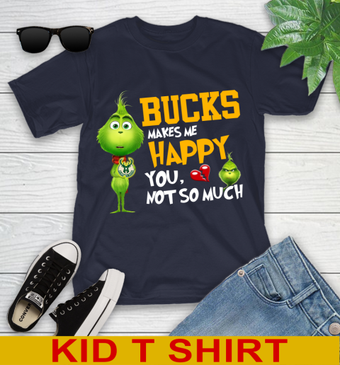 NBA Milwaukee Bucks Makes Me Happy You Not So Much Grinch Basketball Sports Youth T-Shirt 2