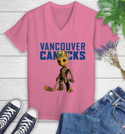 Vancouver Canucks NHL Hockey Groot Marvel Guardians Of The Galaxy Women's V-Neck T-Shirt 13