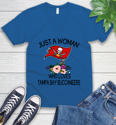NFL Just A Woman Who Loves Tampa Bay Buccaneers Football Sports V-Neck T-Shirt 3