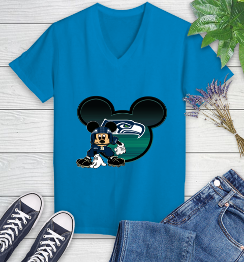 NFL Seattle Seahawks Mickey Mouse Disney Football T Shirt Women's V-Neck T-Shirt 7