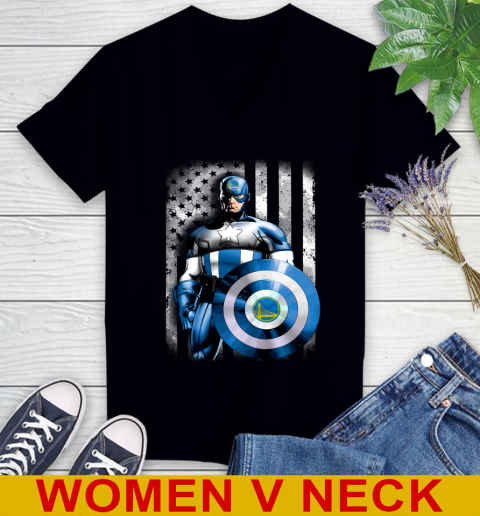 Golden State Warriors NBA Basketball Captain America Marvel Avengers American Flag Shirt Women's V-Neck T-Shirt