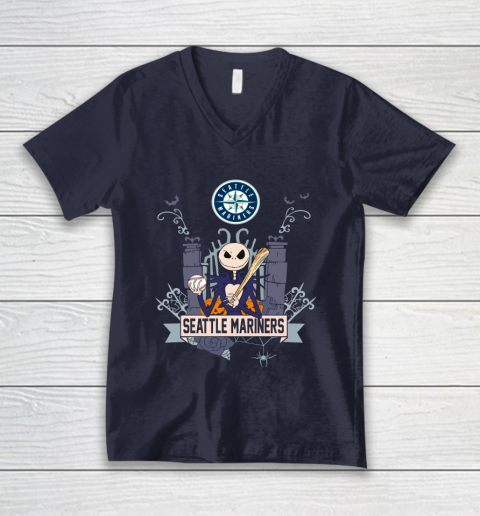 MLB Seattle Mariners Baseball Jack Skellington Halloween V-Neck T-Shirt 2