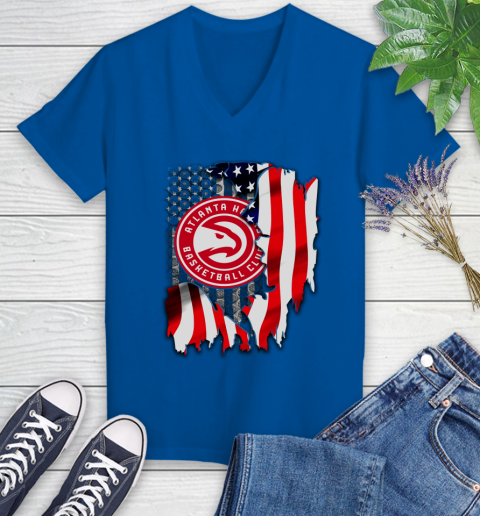 Atlanta Hawks NBA Basketball American Flag Women's V-Neck T-Shirt 10