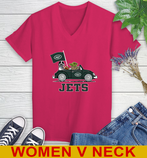 NFL Football New York Jets Darth Vader Baby Yoda Driving Star Wars Shirt Women's V-Neck T-Shirt 10