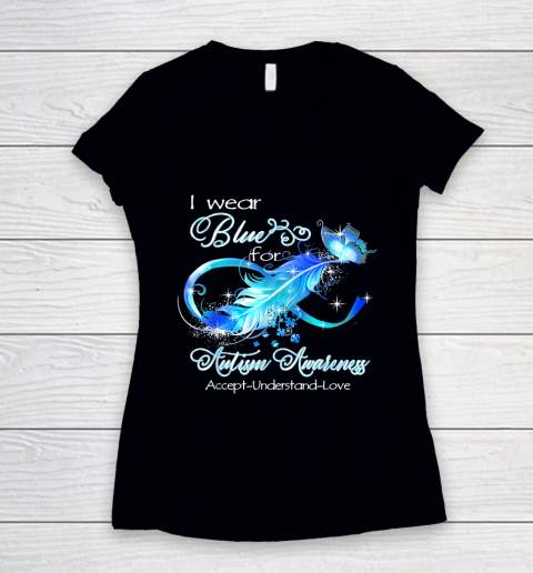 Blue Feather I Wear Blue For Autism Awareness Women's V-Neck T-Shirt
