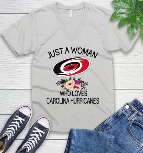 NHL Just A Woman Who Loves Carolina Hurricanes Hockey Sports V-Neck T-Shirt