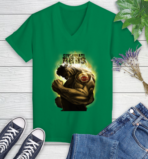 Cincinnati Reds MLB Baseball Hulk Marvel Avengers Sports Women's V-Neck T-Shirt 5