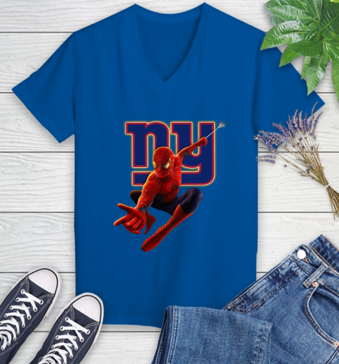 NFL Spider Man Avengers Endgame Football New York Giants Women's V-Neck T-Shirt 10