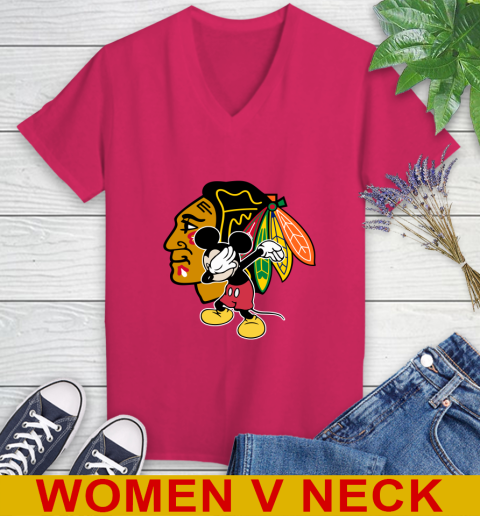 Chicago Blackhawks NHL Hockey Dabbing Mickey Disney Sports Women's V-Neck T-Shirt 10