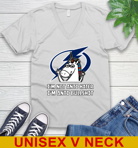 Tampa Bay Lightning NHL Hockey Unicorn I'm Not Anti Hater I'm Anti Bullshit V-Neck T-Shirt