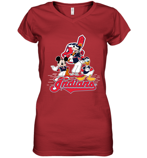 MLB Cleveland Indians Mickey Mouse Donald Duck Goofy Baseball T Shirt  Women's V-Neck T-Shirt