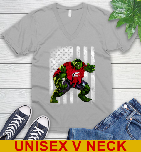Carolina Hurricanes Hulk Marvel Avengers NHL Hockey American Flag V-Neck T-Shirt 3
