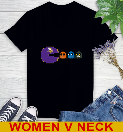 Minnesota Vikings NFL Football Pac Man Champion Women's V-Neck T-Shirt 2