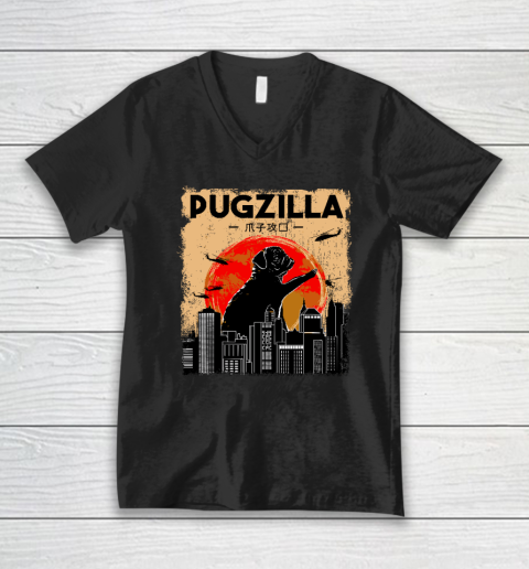 Pug Lover, Pugzilla, Funny Pug, Funny Dog V-Neck T-Shirt