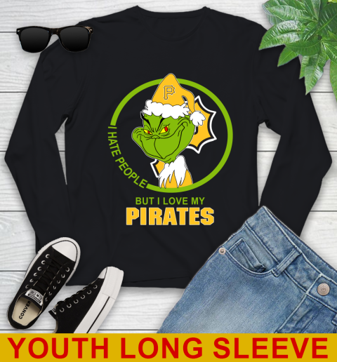 Pittsburgh Pirates MLB Christmas Grinch I Hate People But I Love My Favorite Baseball Team Youth Long Sleeve 2