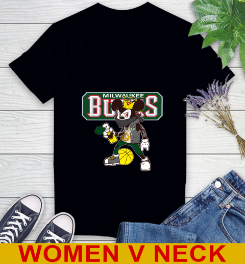 Milwaukee Bucks NBA Basketball Mickey Peace Sign Sports Women's V-Neck T-Shirt 2