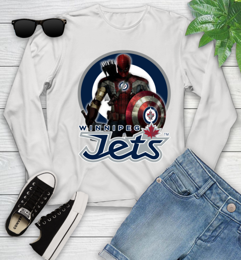 NHL Captain America Thor Spider Man Hawkeye Avengers Endgame Hockey Winnipeg Jets Youth Long Sleeve